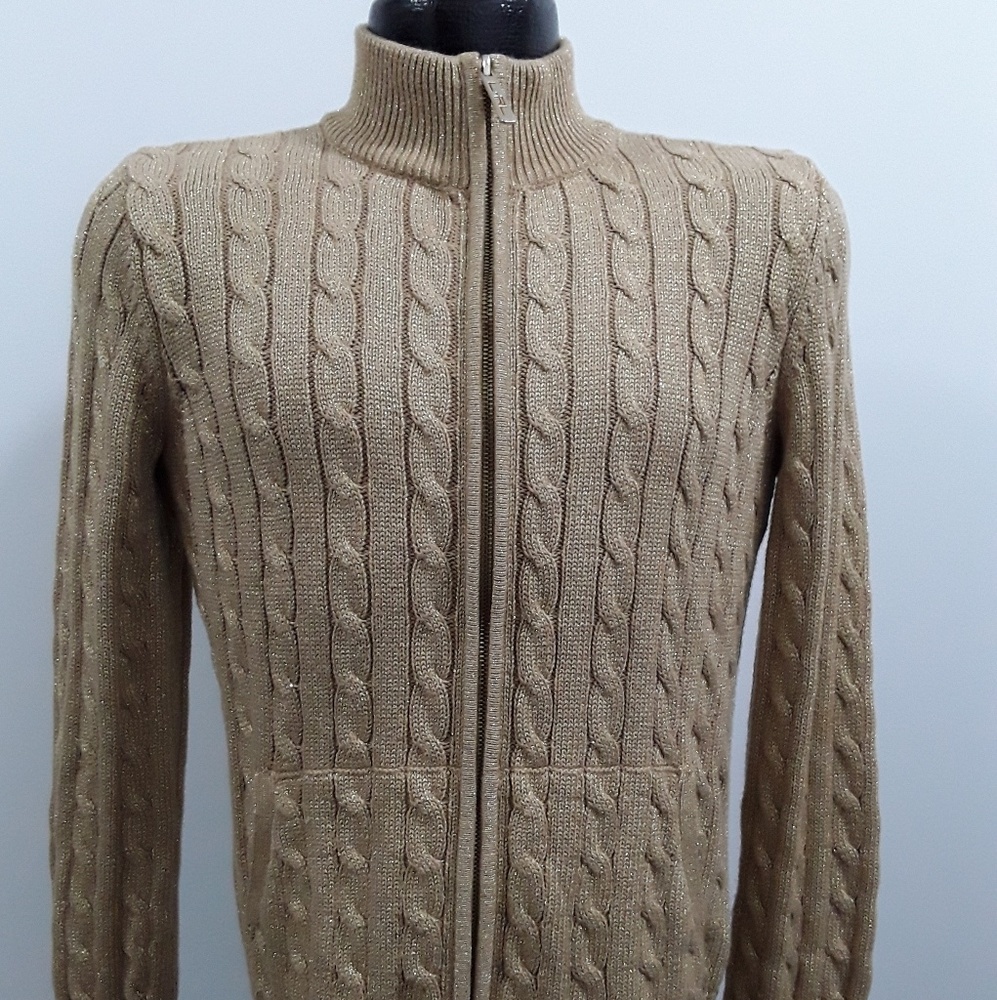 Vintage Ralph Lauren active gold metallic cardigan women size M P knit zipper
